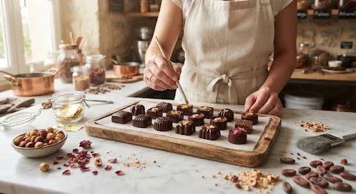Artisan hands dusting gold leaf onto pralines.